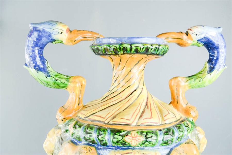 A Majolica Italian urn, modelled with bird head handles. - Image 2 of 2