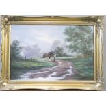 J F Sim (20th century) Shire Horse on pathway, oil on canvas, 50 by 75cm.