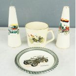 A Wade dish Genevive 1904 Darracq together with a Beswick Wolseley mug and salt and pepper.