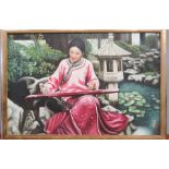 An oil on canvas, portrait of a Chinese girl playing an instrument, oil on canvas, signed in red.