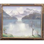 O. Landolt, gouache on board, mountains and lake landscape, 26 by 32cm, together with Clark (20th