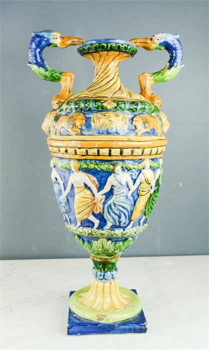 A Majolica Italian urn, modelled with bird head handles.