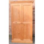 A pine wardrobe, with panelled doors.