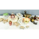 A quantity of collectable inclduding Bunnykins ceramics, perfume bottle, money box, Wade figures,