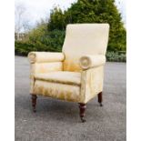 A 19th century armchair, upholstered in yellow silk, mahogany frame. [Provenance: Gumley Hall,