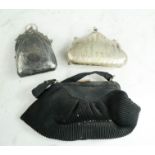 Three evening purses; two silver plated.