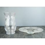 A handmade glass dish with etched decoration, and a vase etched with flowering plants. Dish 32cm