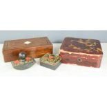 A red lacquered and chinoiserie box, and a mahogany box, together with a trinket box and matching