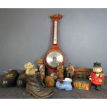 A miscellaneous group of items including barometer, clogs, model figures, casket etc.
