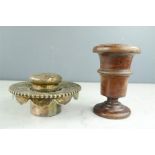 A silver plated inkwell and stand, and a treen goblet.