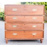 A 19th century mahogany campaign style chest, stamped Gillows, splits into two sections; the upper