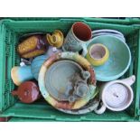 Ceramics including majolica bowl, mellaware bowl, stoneware coffee pot.