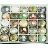 A group of 25 specimen stones, in the form of eggs, to include Limestone, quartz, jasper,