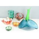 A group of retro glass including ash trays, green glass stem vase, blue bowl etc.