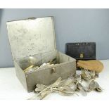 A leather clad travelling sewing box, a leather pouch, and a quantity of silver plate flatware