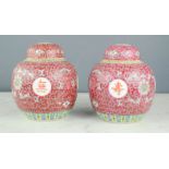 A pair of Chinese ginger jars, with a pink ground.
