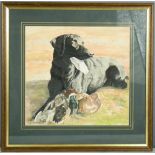 J. Blow (20th century): black labrador and pheasants, watercolour.