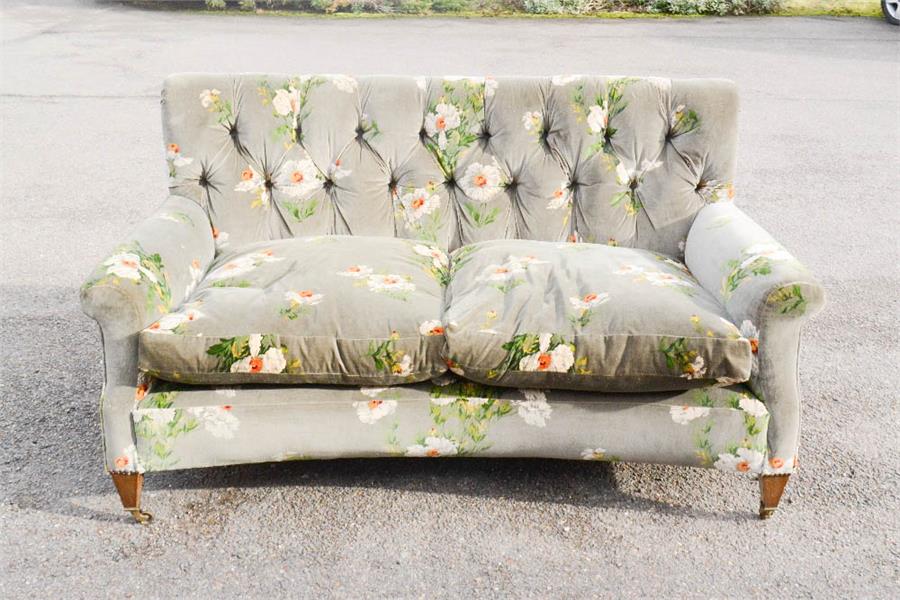 A mahogany framed button back settee, with curved front, upholstered in GP&J Baker Icelandic Poppies - Image 2 of 4