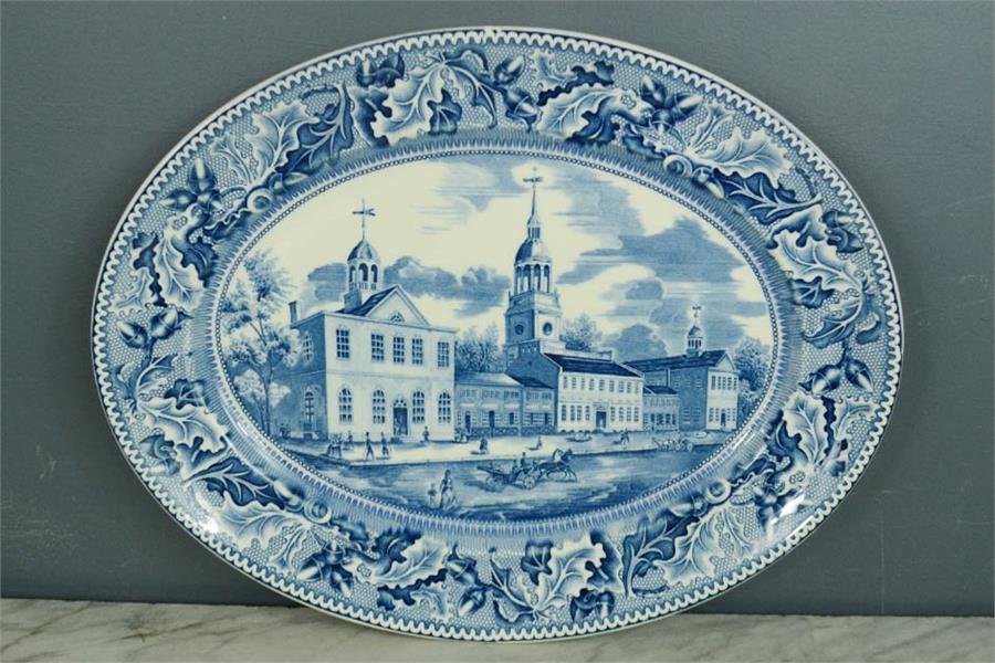 Johnson Bros. 1930s blue and white meat plate 'Independence Hall, Philadelphia from Historical