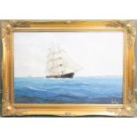 Adrian Thompson (20th century): Ship on calm seas, oil on canvas, 50 by 75cm.