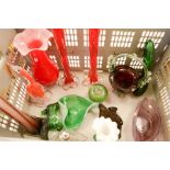 A group of glassware to include stem vases, Murano bird, vasaline glass dish, basket etc.