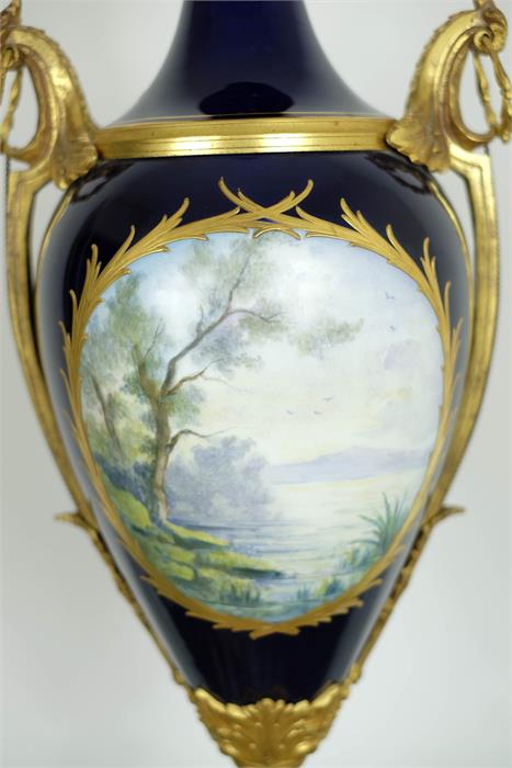 A French Ormolu-Mounted Sèvres Style Porcelain Vase, cobalt blue ground and hand painted oval - Image 3 of 4