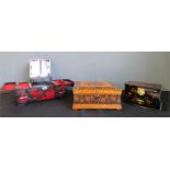 A group of three boxes, one Chinoiserie decorated black lacquered box, one Tunbridgeware style,