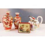 A pair of small Chinese stoneware vases, jug, tin trinket box with Chinoiserie scene etc.