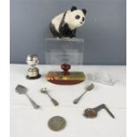 A miscellaneous group including Chinese blotter, two silver spoons, trophy, glass salt and pepper