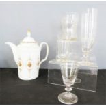A Victorian tea pot, two 19th century glasses and a class Edwardian engraved measure, box of