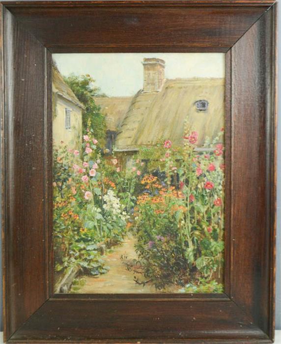 M Bennett (20th century): Thatch cottage garden of flowers, oil on board, 33 by 24cm.