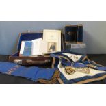 A leather suitcase with Free Masons information, Lodge of Sincerity, and Masonic regalia including