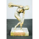 A bronze discus thrower, Myrours, made in Greece, 15cm high.