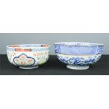 A blue and white Chinese bowl, 22cm diameter, and a polychrome Chinese bowl 18cm diameter.