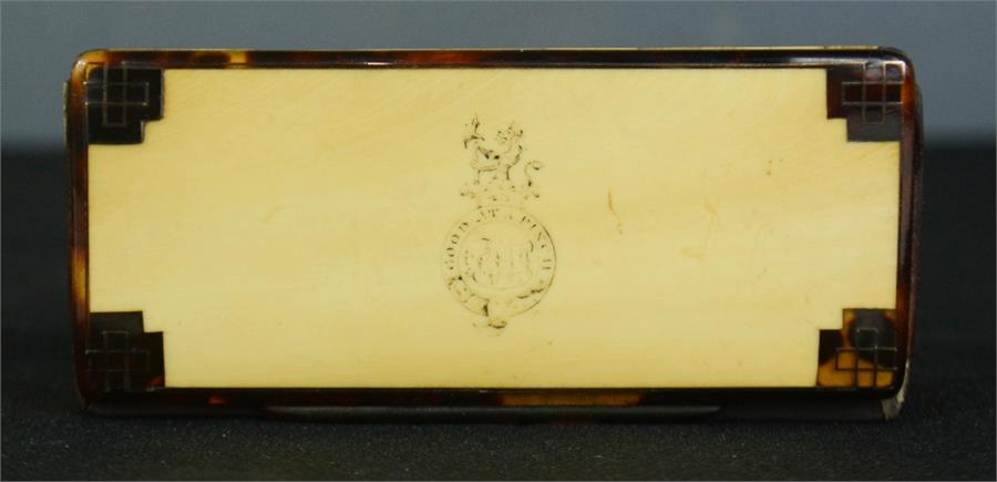 A 19th century tortoiseshell snuff box, with gold inlaid stringing, and crest engraved to the - Image 4 of 4