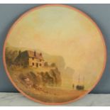 A terracotta hand painted plate, FABCI to the back, with a cottage within the mountains beside a