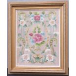 A silk embroidered panel, depicting a stylised floral group, in a glazed giltwood frame, 51 by 40cm.