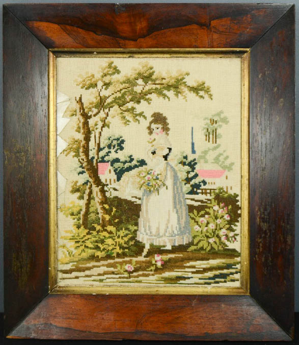 A Victorian tapestry panel, maiden in a garden 32 by 26cm.