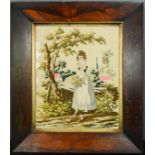 A Victorian tapestry panel, maiden in a garden 32 by 26cm.