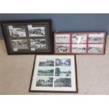 A group of black and white postcards, mounted into frames, depicting villages of Cornwall, Hemel