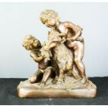 A bronze figure group; two children with a goat, indistinctly signed, 36 by 30cm.