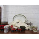 A box of sundry linen, copper kettle, small brass pan, meat dish, Corgi lorry etc.