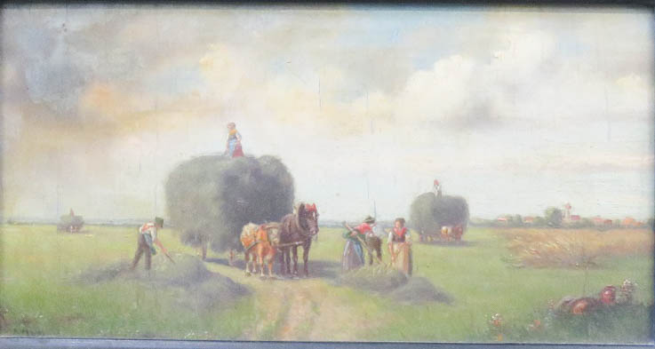 P.R Hun, hay-carts and farm-workers, oil on board, in a dutch style ripple moulded frame, 10 by - Image 2 of 2