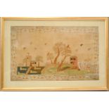 An early 19th century tapestry panel, by Martha Grey, Oxford, dated 1811, red brick house beside a