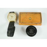 A pocket compass, Bakelite, a 19th century snuff box and Everite wristwatch.