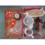 A group of glassware including a carnival glass bowl two wash jugs, Arthur Wood vase and a rearing