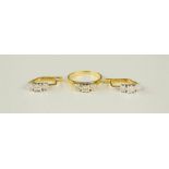 An 18ct gold and diamond ring, three diamonds in a claw setting, size N, 3.2g, together with a