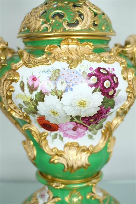 A French 19th century porcelain vase, with green ground and painted with floral groups, with gilt - Image 4 of 5