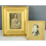 Two 19th century miniature prints, a lady and a gentleman in differing frames.