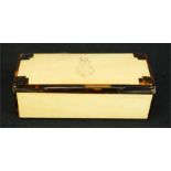 A 19th century tortoiseshell snuff box, with gold inlaid stringing, and crest engraved to the